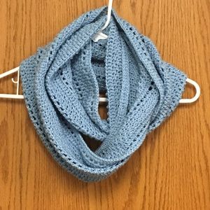 Handmade crocheted infinity scarf in ice blue
